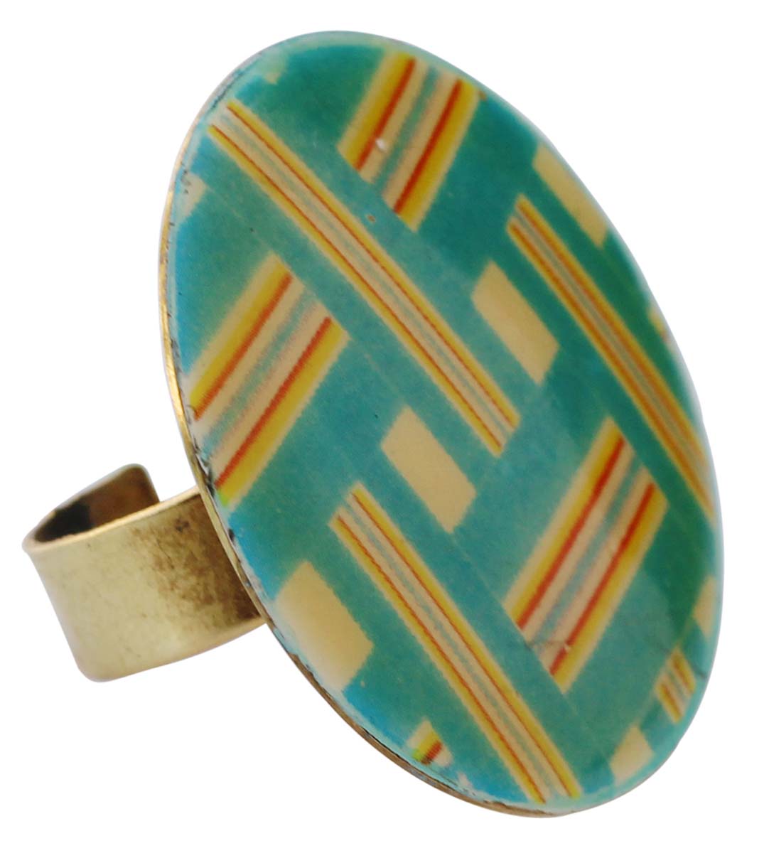 1.2" Resizable Brass Statement Ring with Dimensional Pattern - Aqua-Blue - Women Accessories / Gifts - Buy in Bulk Wholesale